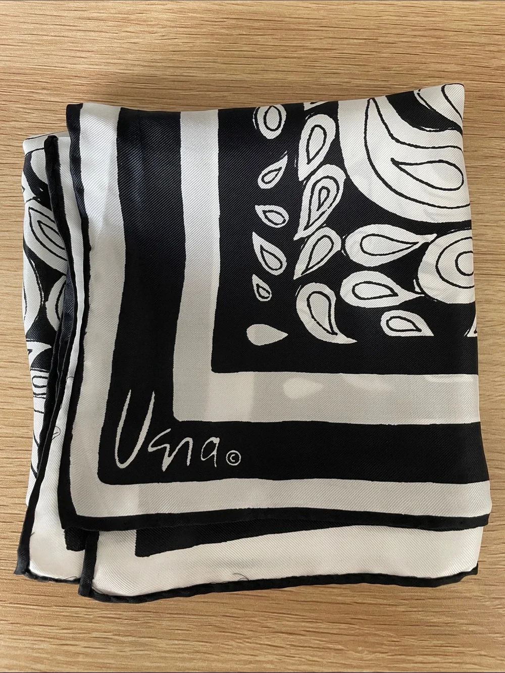 Vintage Usna silk rayon square scarf abstract bandana paisley black white 22x22